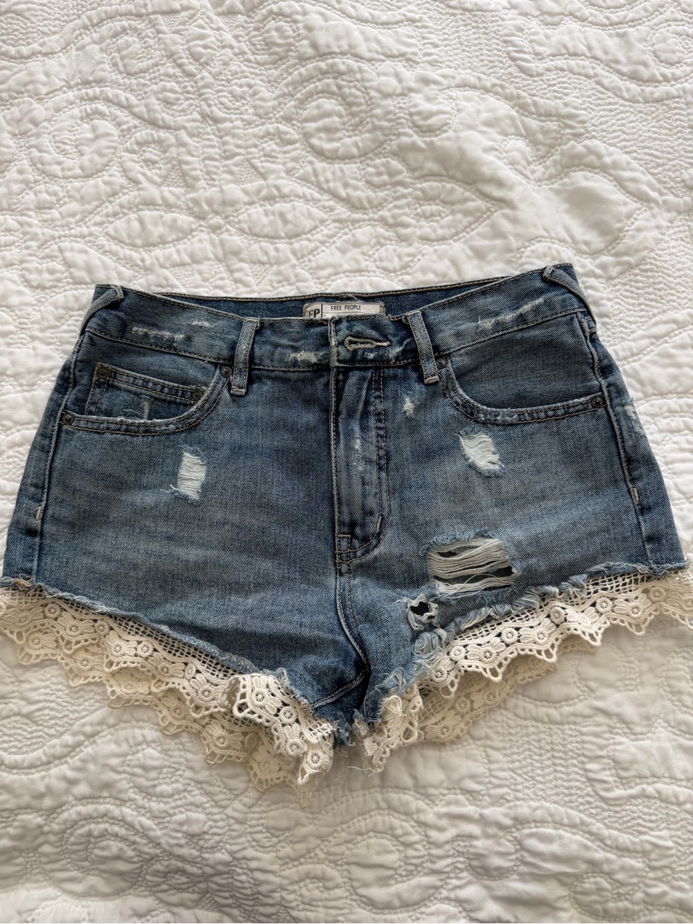 Free People Blue Distressed Denim Shorts with Lace Trim